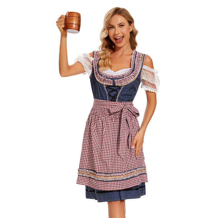 Ladies traditional dirndl dress with checked apron skirt, lacing and lace sleeves Mune Fashion