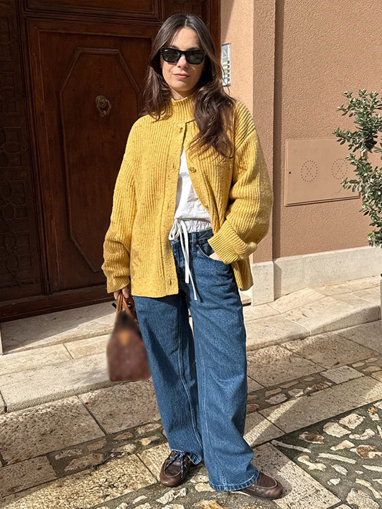 Women Oversize Cardigan with Rib Structure and Stand-Up Collar Mune Fashion