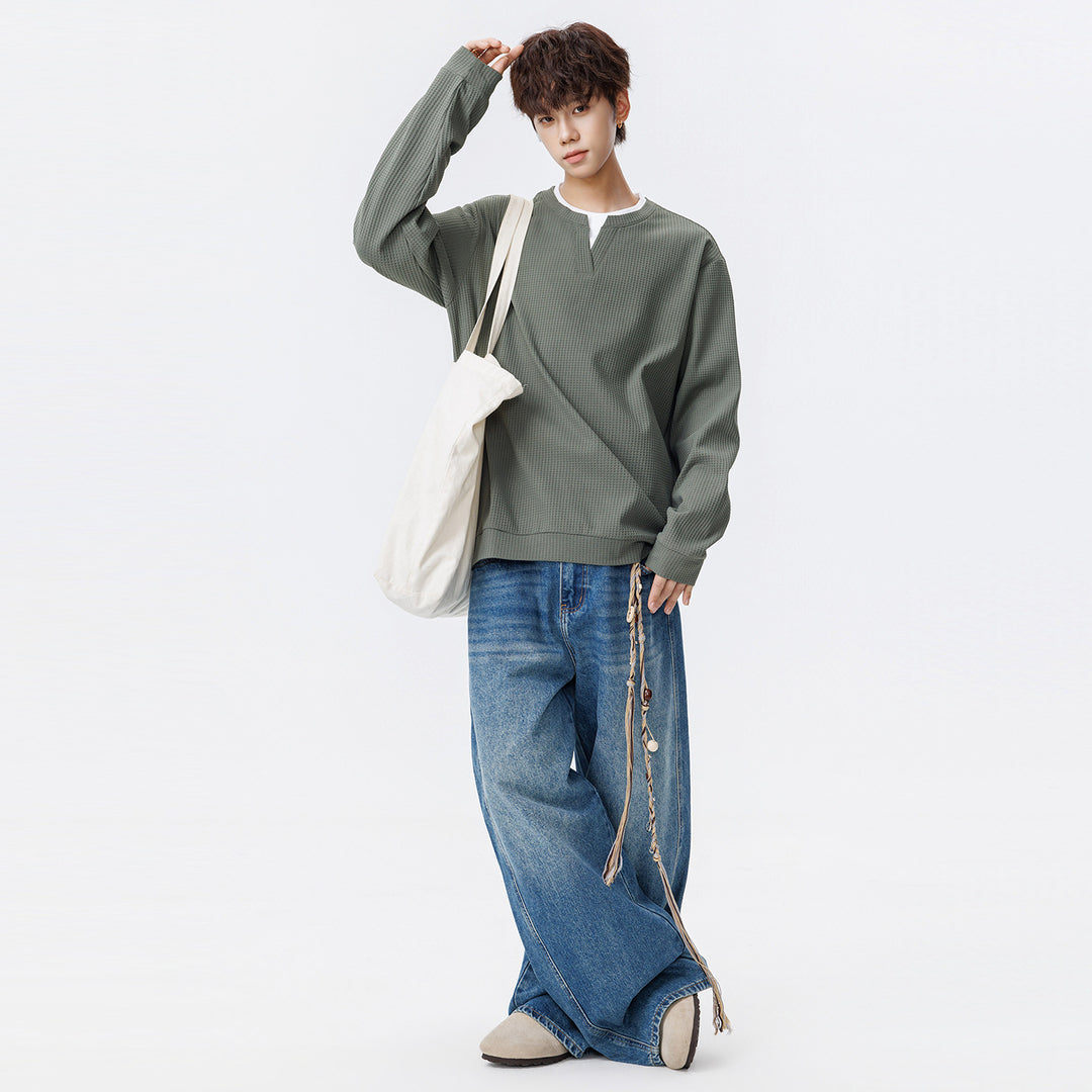 Men's Oversized Waffle Structure Long Sleeve Shirt with V Insert and Layering Look Mune Fashion
