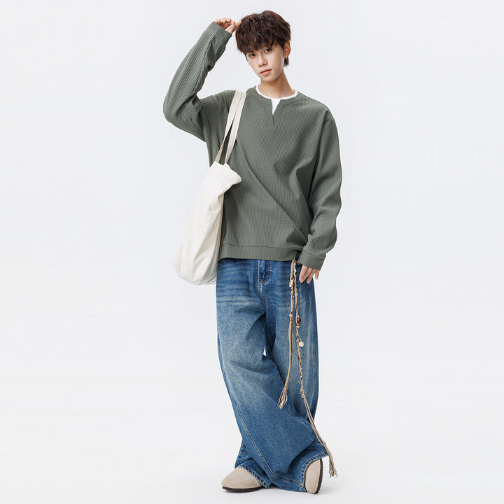 Men's Oversized Waffle Structure Long Sleeve Shirt with V Insert and Layering Look Mune Fashion