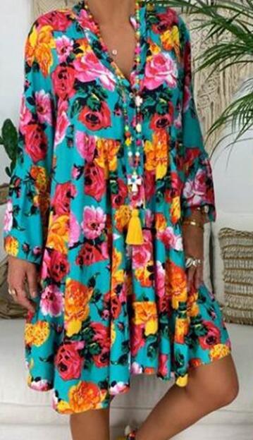 Women's A-line tunic mini dress with V-neck, tiered ruffles, and Boho bandana print Mune Fashion