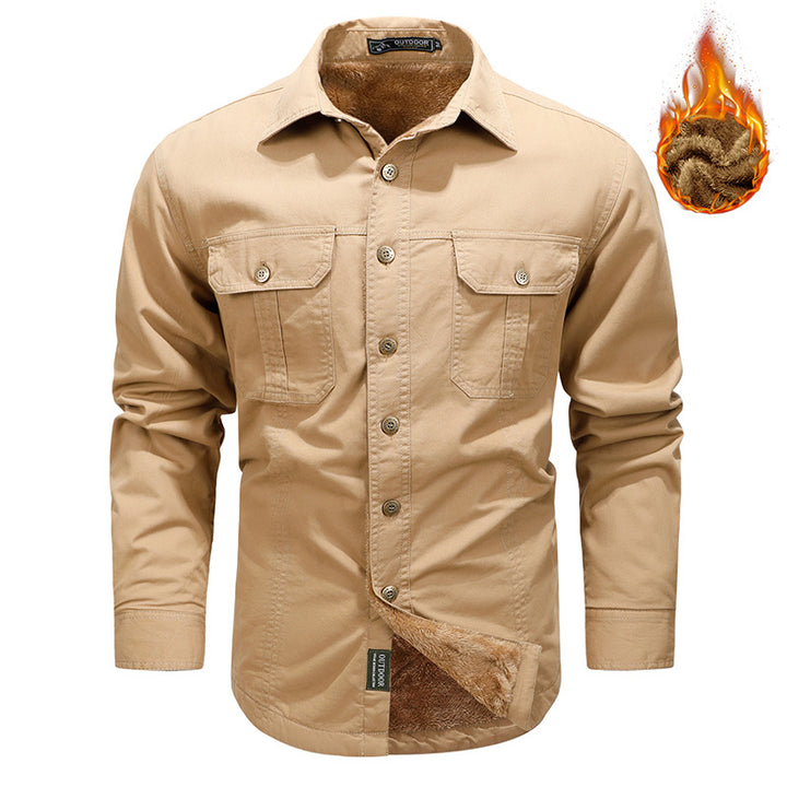 Men's rugged canvas shirt with double breast pockets and continuous button placket