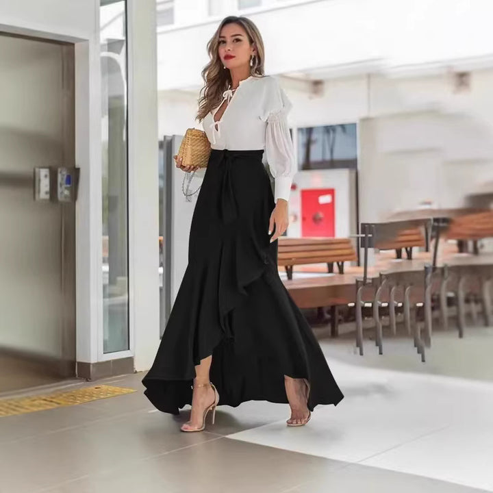 Women nan wrap maxi skirt with Vichy check, high waist tie and asymmetrical flounce hem Mune Fashion