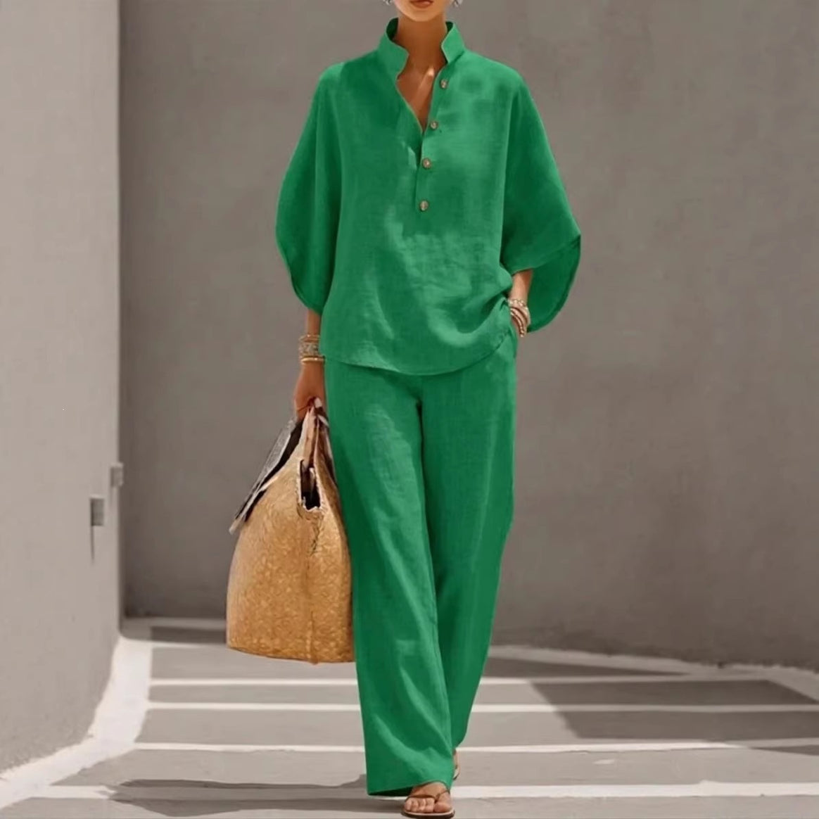 Women Lightweight Linen Loungewear Set with Stand-up Collar Button Placket and Wide Marlene Cut Mune Fashion