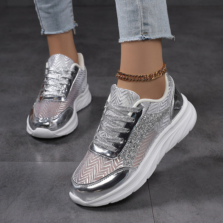 Women's nan glamorous eye-catching sneakers with glitter panels, jacquard woven upper material, and ergonomic wave sole Mune Fashion