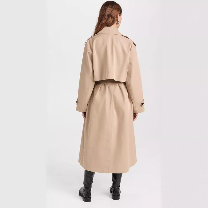 Women's Long Trench Coat made of Cotton Blend with Double-Breasted Button Placket, Waist Belt and Shoulder Flaps Mune Fashion