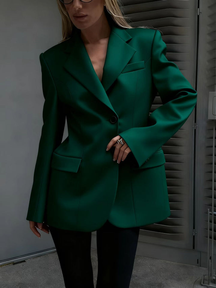 Women's Oversized Long Blazer with Emphasized Shoulder Area and Flap Pockets Drune