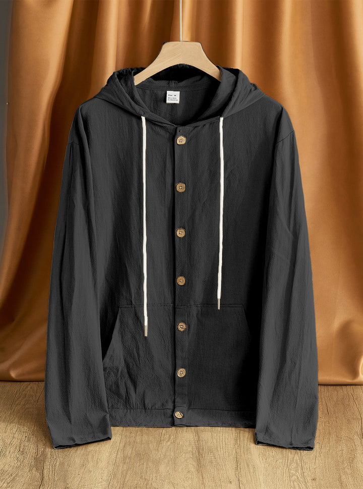 Men's lightweight hoodie jacket with button placket, kangaroo pocket, and drawstring Mune Fashion