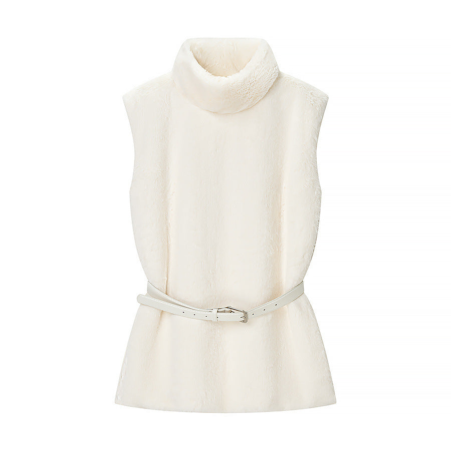 Women's Sleeveless Faux Fur Vest with Stand-Up Collar and Waistbelt Mune Fashion
