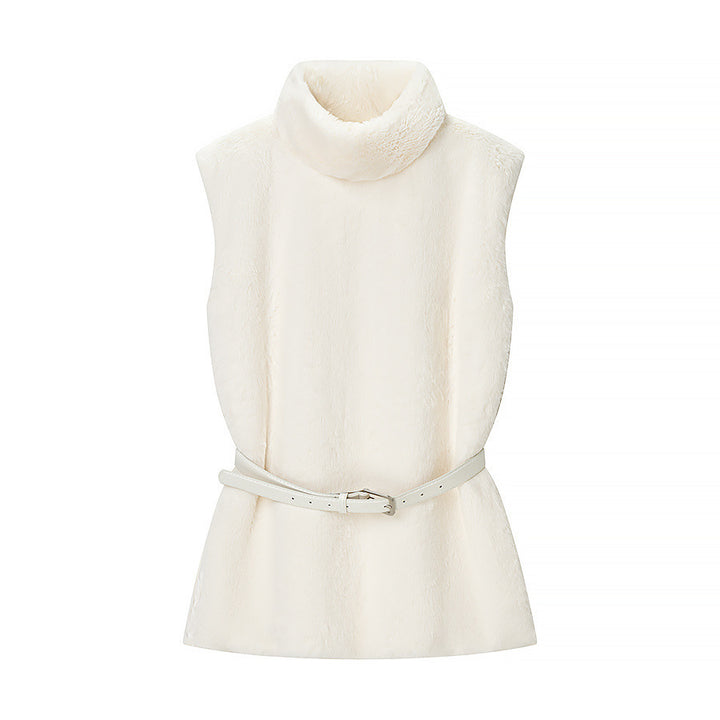 Women's Sleeveless Faux Fur Vest with Stand-Up Collar and Waistbelt Mune Fashion