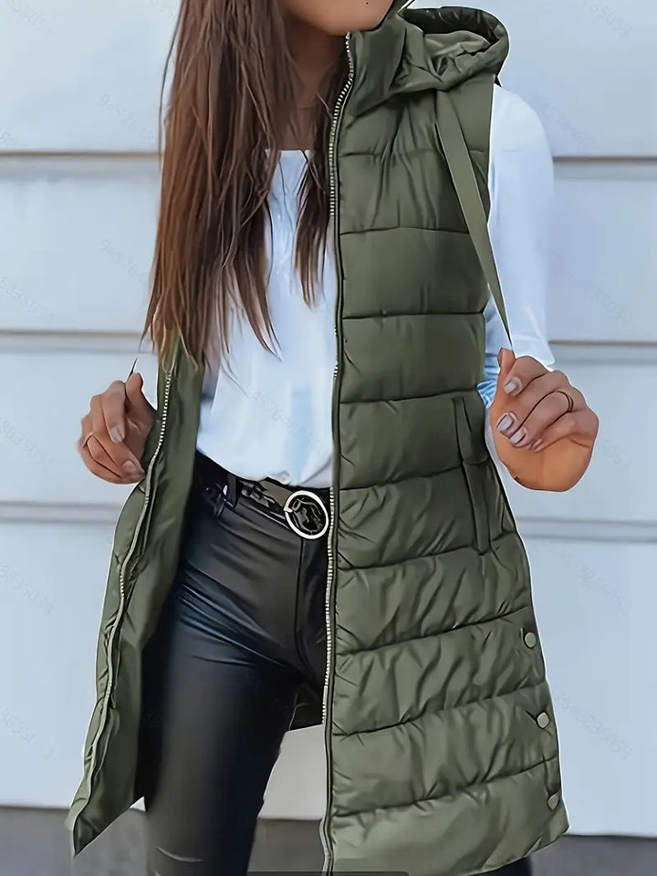 Ladies nan long quilted hooded vest with two-way zipper and side pockets Mune Fashion
