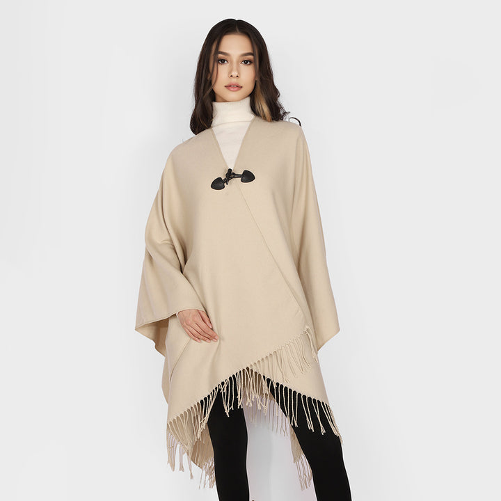 Women's Kastiger Cape Wrap with Fringes and Toggle Closure Mune Fashion