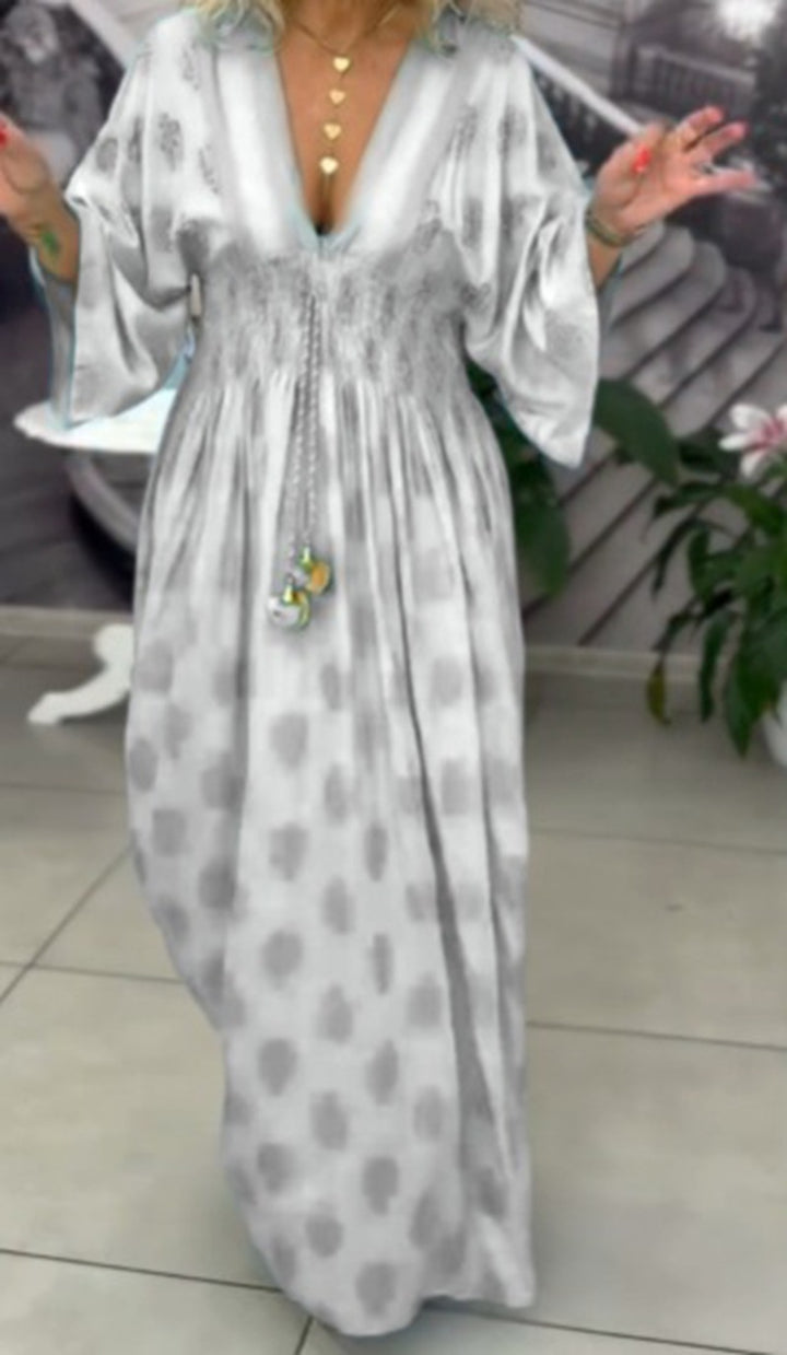 Women's gathered maxi dress with smocked waist, kimono sleeves, and decorative tassel Mune Fashion