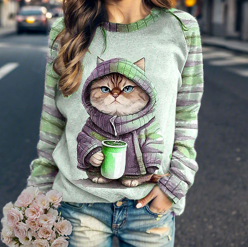 Women's casual sweatshirt with large kitten front print and striped raglan sleeves Mune Fashion