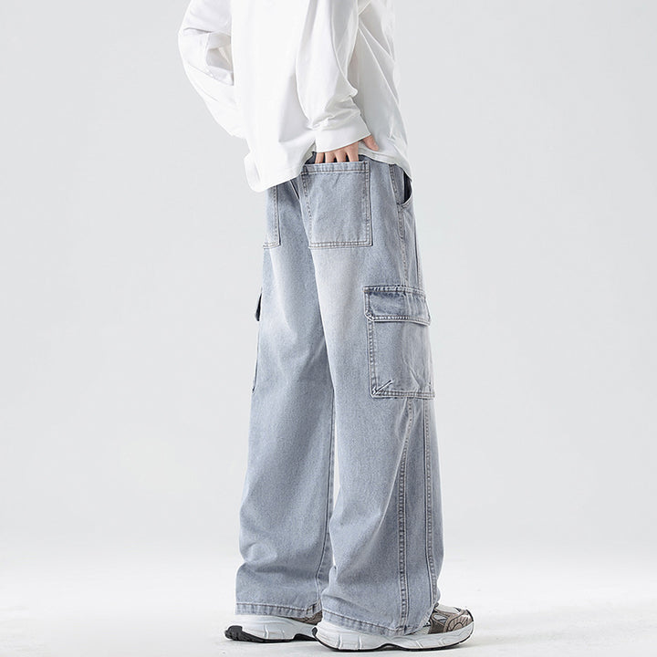 Men's Stonewashed Denim Cargo Palazzo with Extra Wide Legs and Visible Decorative Stitching Mune Fashion