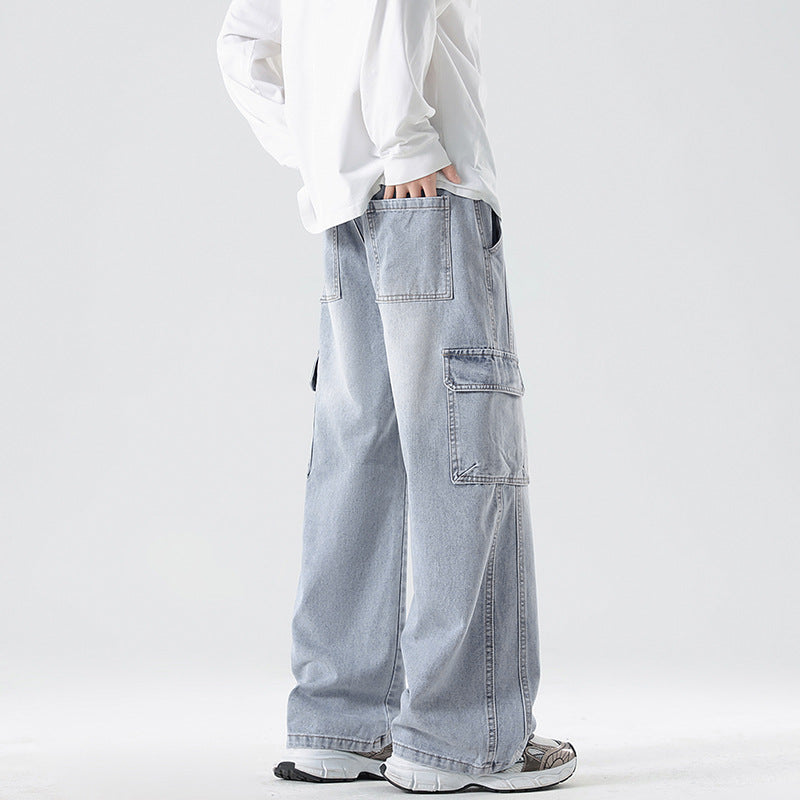 Men's Stonewashed Denim Cargo Palazzo with Extra Wide Legs and Visible Decorative Stitching Mune Fashion
