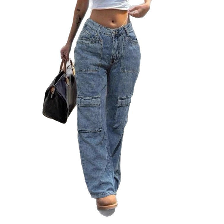 Women's High-Waisted Cargo Denim Pants with Utility Pockets Mune Fashion