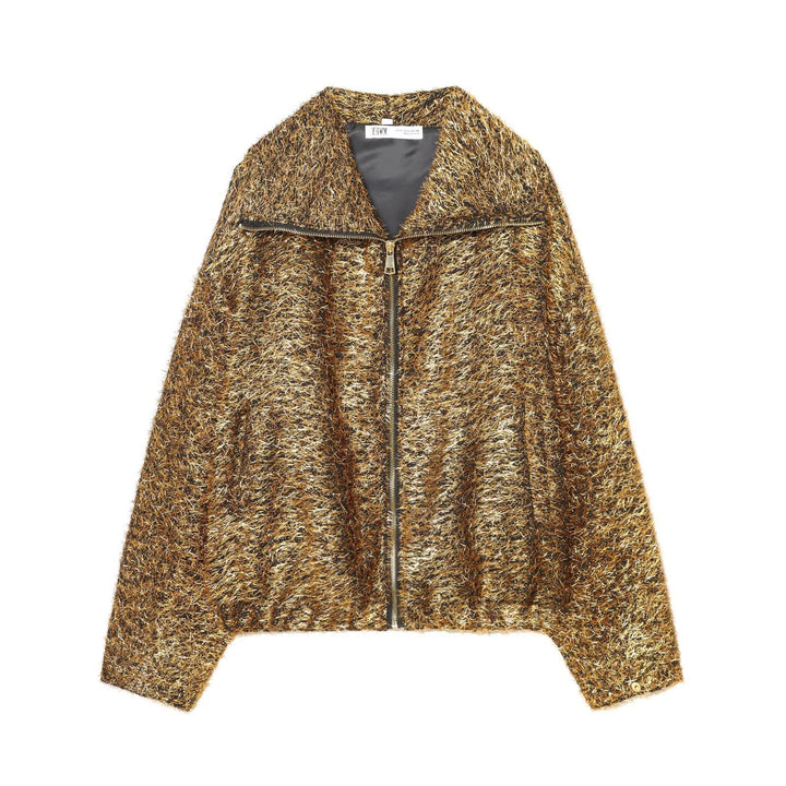 Ladies nano short glitter teddy jacket with boxy cut, stand-up collar and continuous metal zipper Mune Fashion