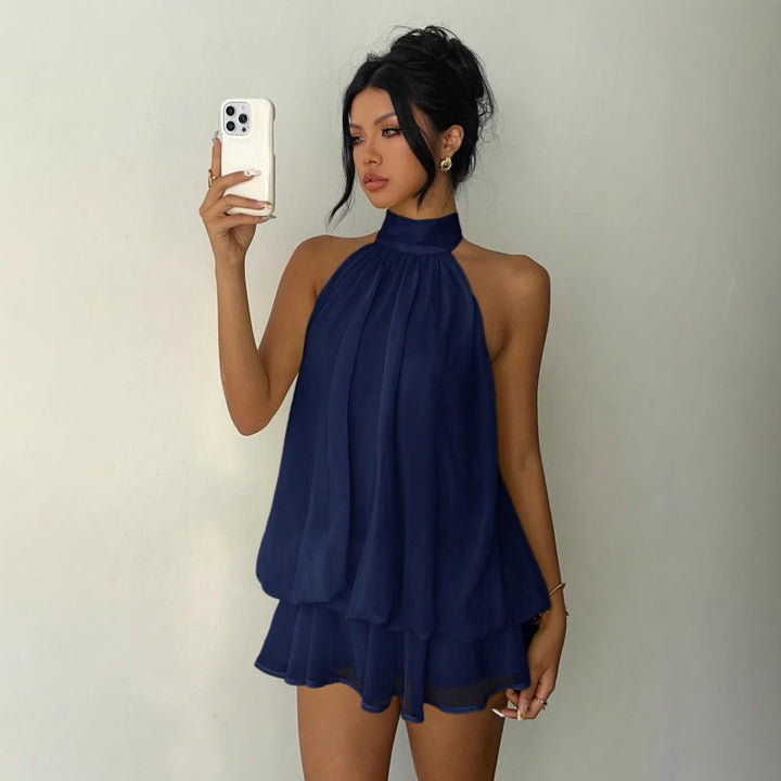 Ladies Sleeveless Chiffon Playsuit with High Stand Collar, Ruched Top and Tiered Shorts Mune Fashion