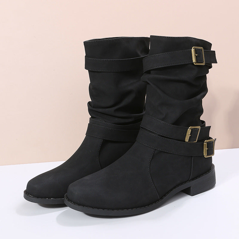 Ladies casual ankle-high ankle boots with gathered shaft, decorative buckle straps and flexible profile sole Mune Fashion