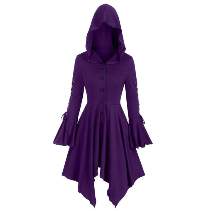 Women's Hooded Dress Coat with Asymmetric Turtleneck Hem and Tied Bell Sleeves Mune Fashion