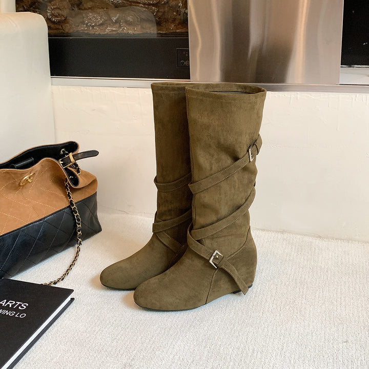 Women's Knee-High Suede Boots with Wrap Straps and Flat Wedge Heel Mune Fashion