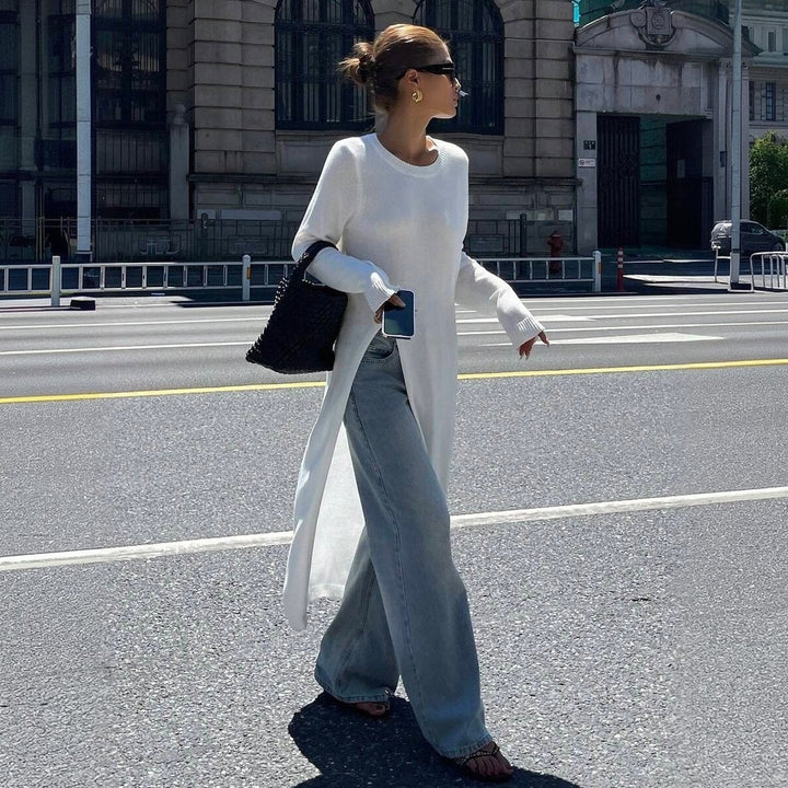 Women's Long Fine Knit Tunic Sweater with High Side Slit Mune Fashion