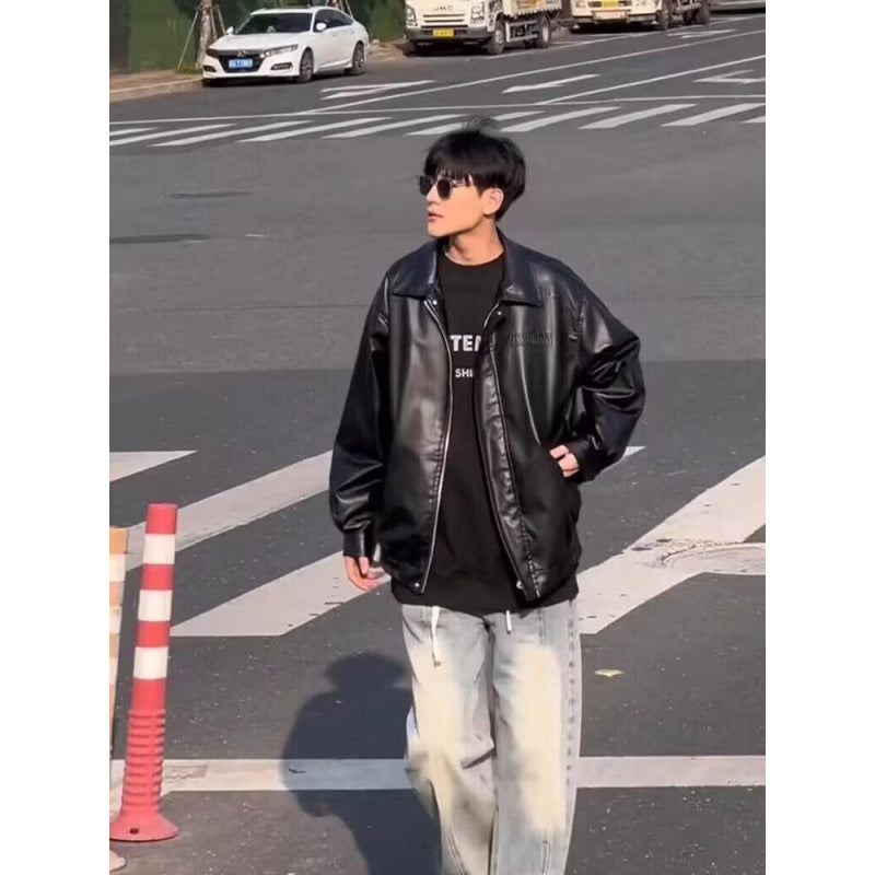 Men's Boxy Faux Leather Jacket with Shirt Collar and Concealed Zipper Mune Fashion