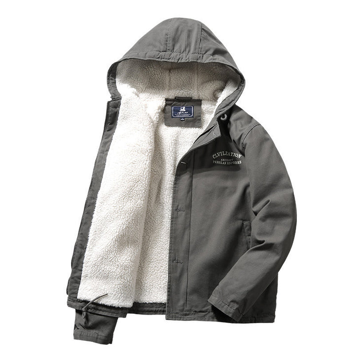Men's Canvas Hooded Jacket with Sherpa Lining, Concealed Two-Way Zipper and Utility Details Mune Fashion