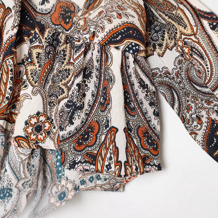 Women's Boho Paisley Blouse with V-neck, gathered shoulders and drawstring hem Mune Fashion