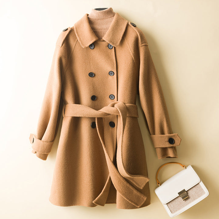 Women's Double-Breasted Wool Blend Coat with Waist Belt, Epaulettes and Adjustable Cuffs Mune Fashion