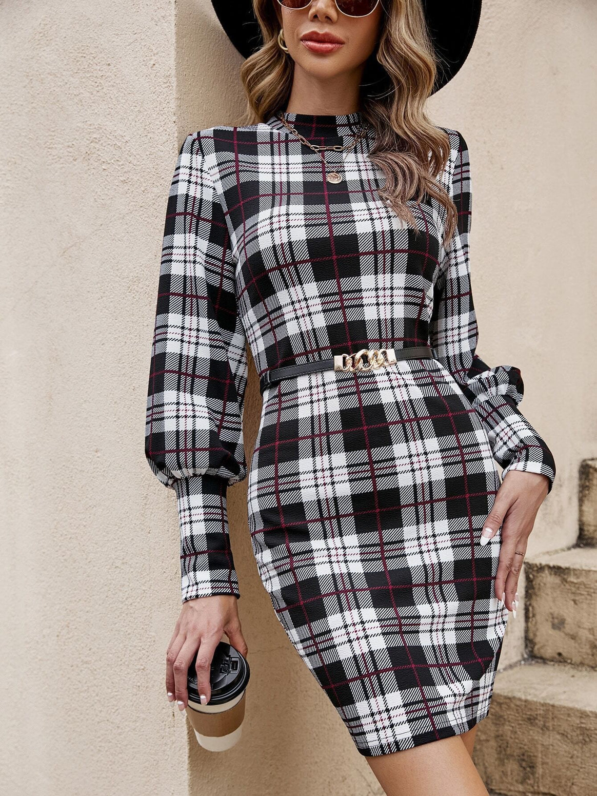 Ladies Tailored Check Mini Dress with Stand Collar, Balloon Sleeves and Decorative Belt Mune Fashion