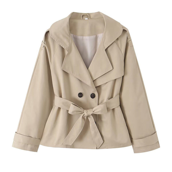 Women's Short Trench Jacket with Reversed Hood, Waist Belt and Double Button Placket Mune Fashion