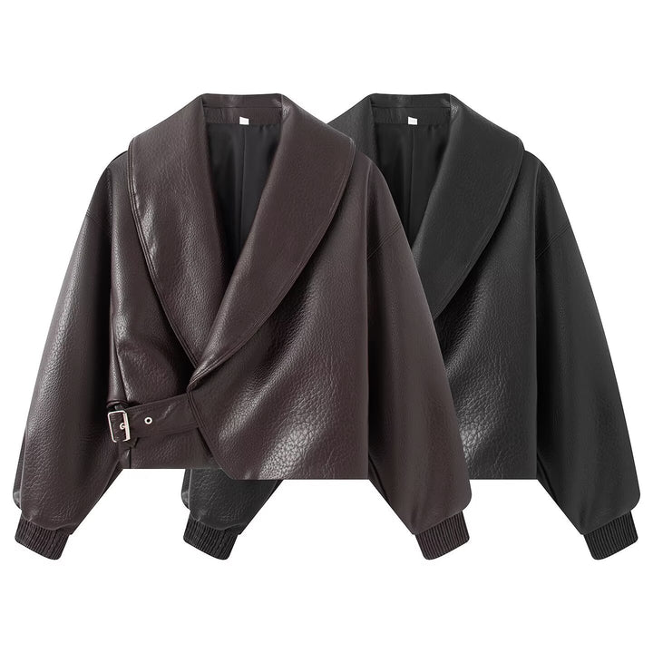 Womens Boxy Cropped Blouson Jacket made of faux leather with overlapping shawl collar and waist belt Drune