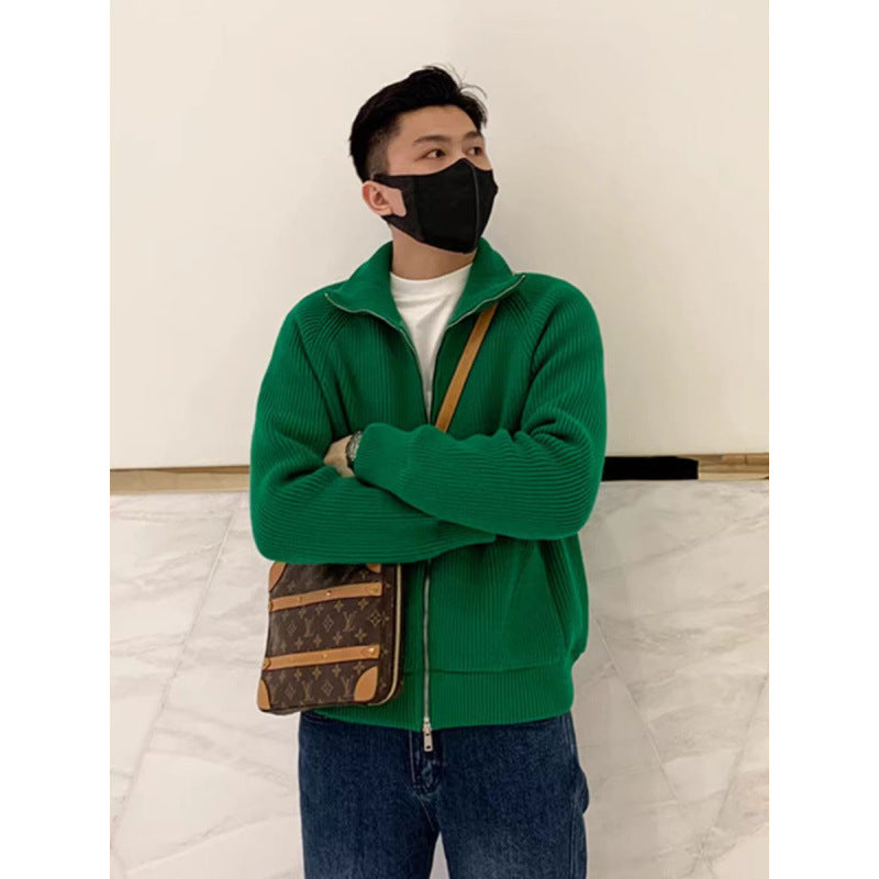 Men's Coarse Ribbed Knit Zip Jacket with High Stand-up Collar and Relaxed Fit Mune Fashion