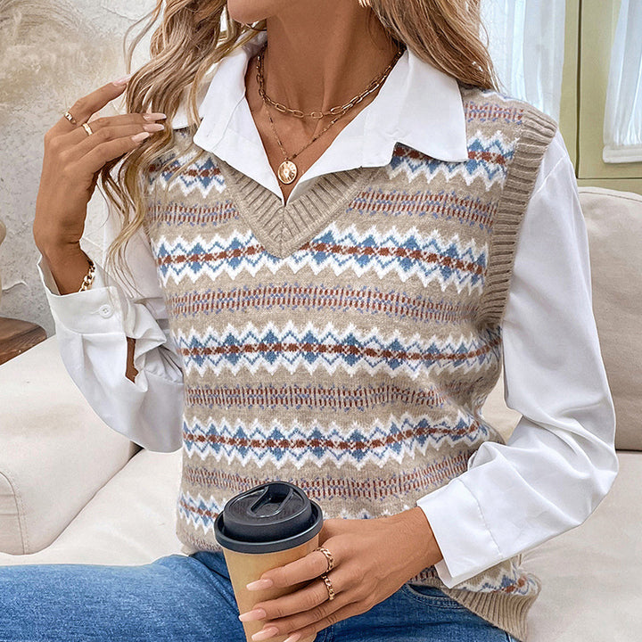 Ladies Fashionable Knit Sweater with V-Neck and Geometric Pattern Mune Fashion