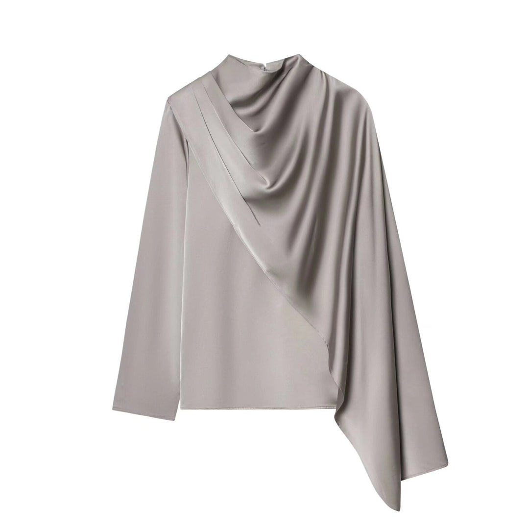 Women Asymmetric Draped Satin Blouse with Waterfall Collar Mune Fashion