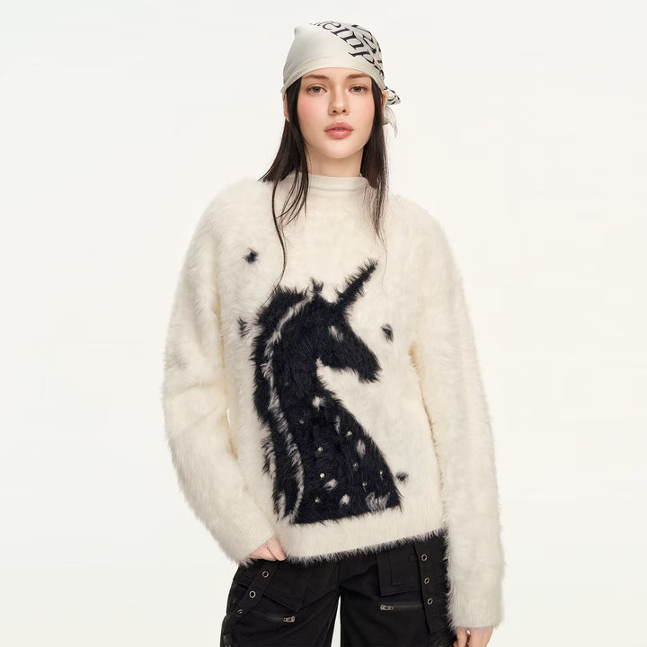 Ladies Cozy Chunky Knit Sweater with Unicorn Motif Mune Fashion