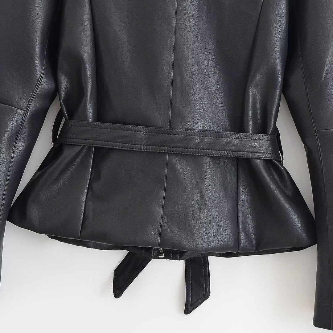 Women's Tailored Leather Look Jacket with Tie Belt and Balloon Sleeves Mune Fashion