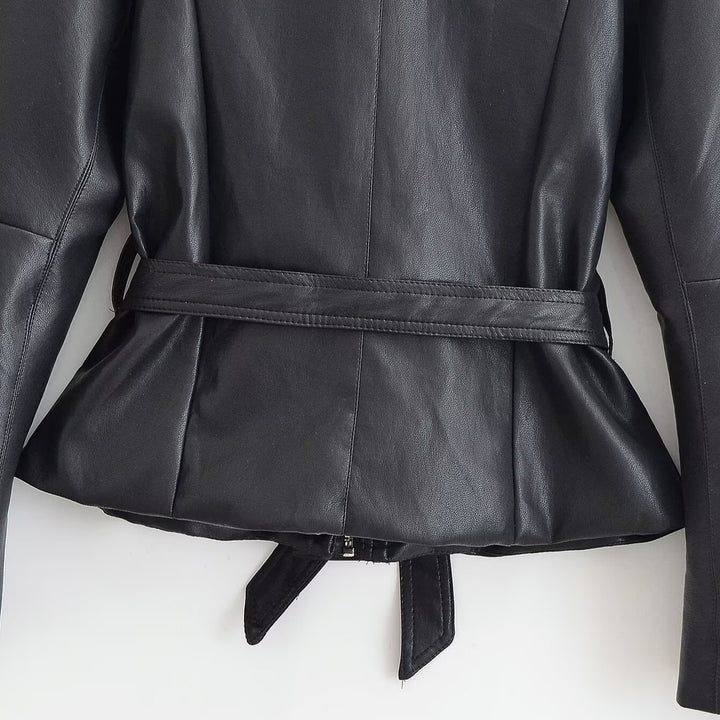 Women's Tailored Leather Look Jacket with Tie Belt and Balloon Sleeves Mune Fashion