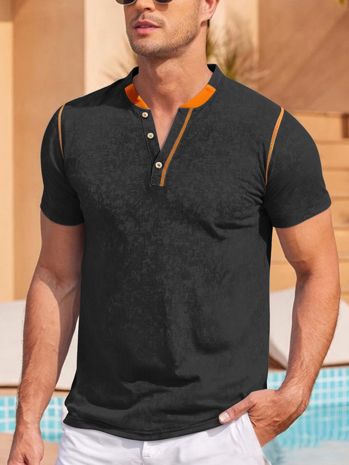 Men's casual short sleeve Grandad shirt with short button placket, contrast piping and washed soft structure Mune Fashion