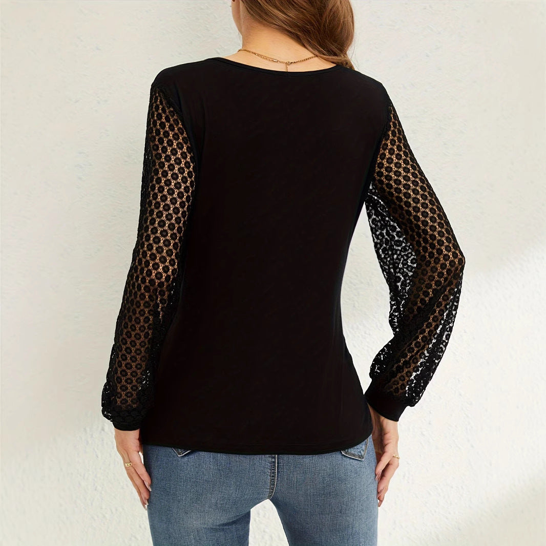 Ladies elegant wrap blouse with lace sleeves and deep V-neck Mune Fashion