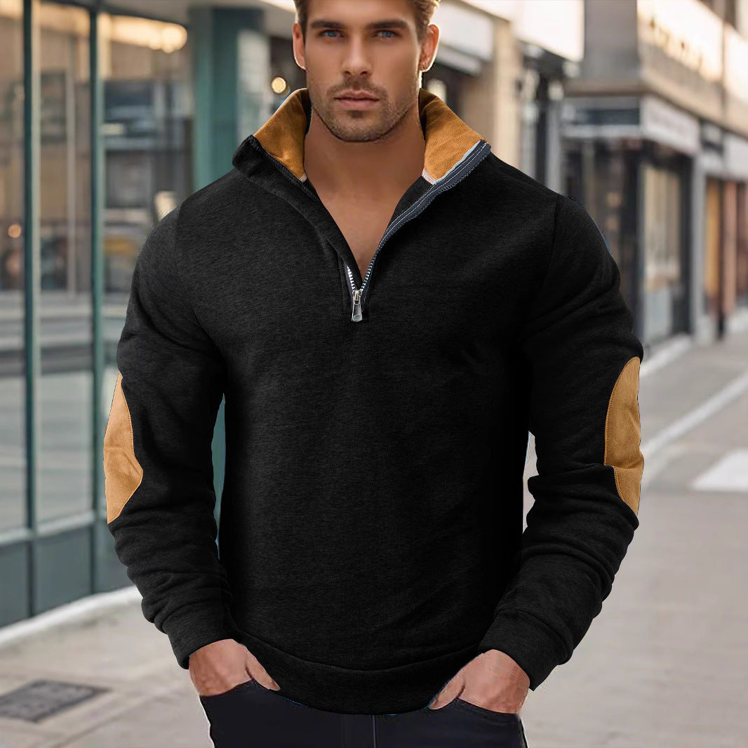 Men's short zip stand collar sweater with contrast collar and suede elbow patches Mune Fashion