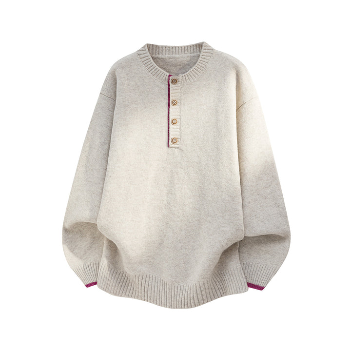 Women's Oversized Knit Sweater with Henley Button Placket and Contrasting Cuffs Mune Fashion