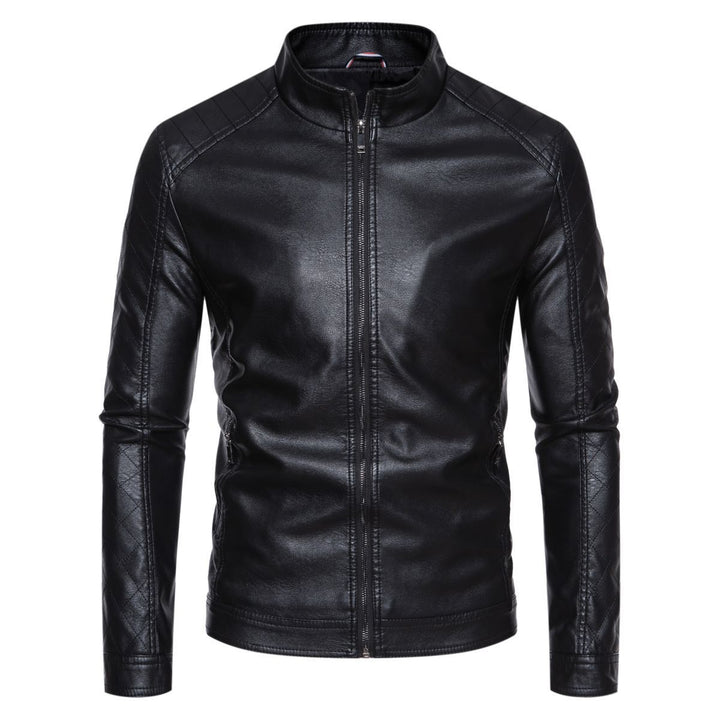 Men's fitted faux leather biker jacket with stand-up collar and quilted sleeve detail Mune Fashion