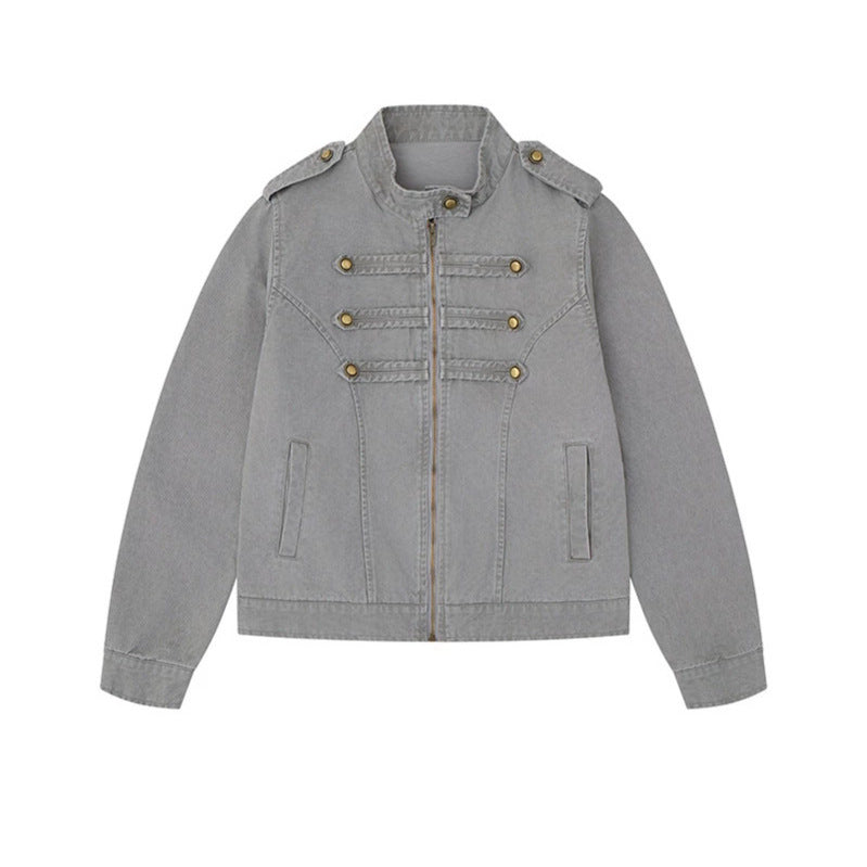 Women's military-inspired cotton canvas jacket with stand-up collar, decorative button plackets, and shoulder epaulets Mune Fashion