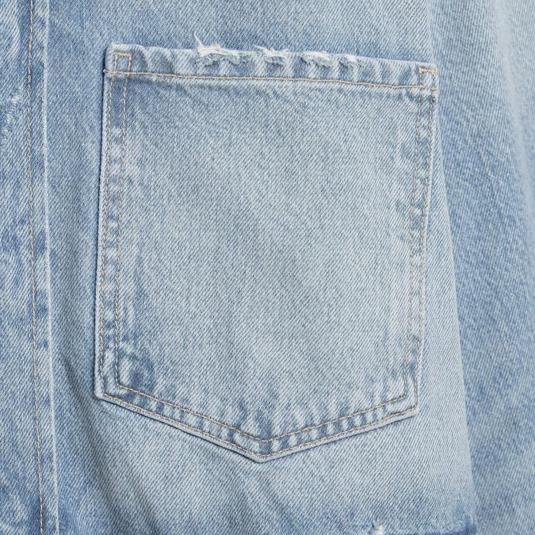 Women's Cropped Denim Jacket in Used-Look with Frayed Hem and Oversized Sleeves Mune Fashion