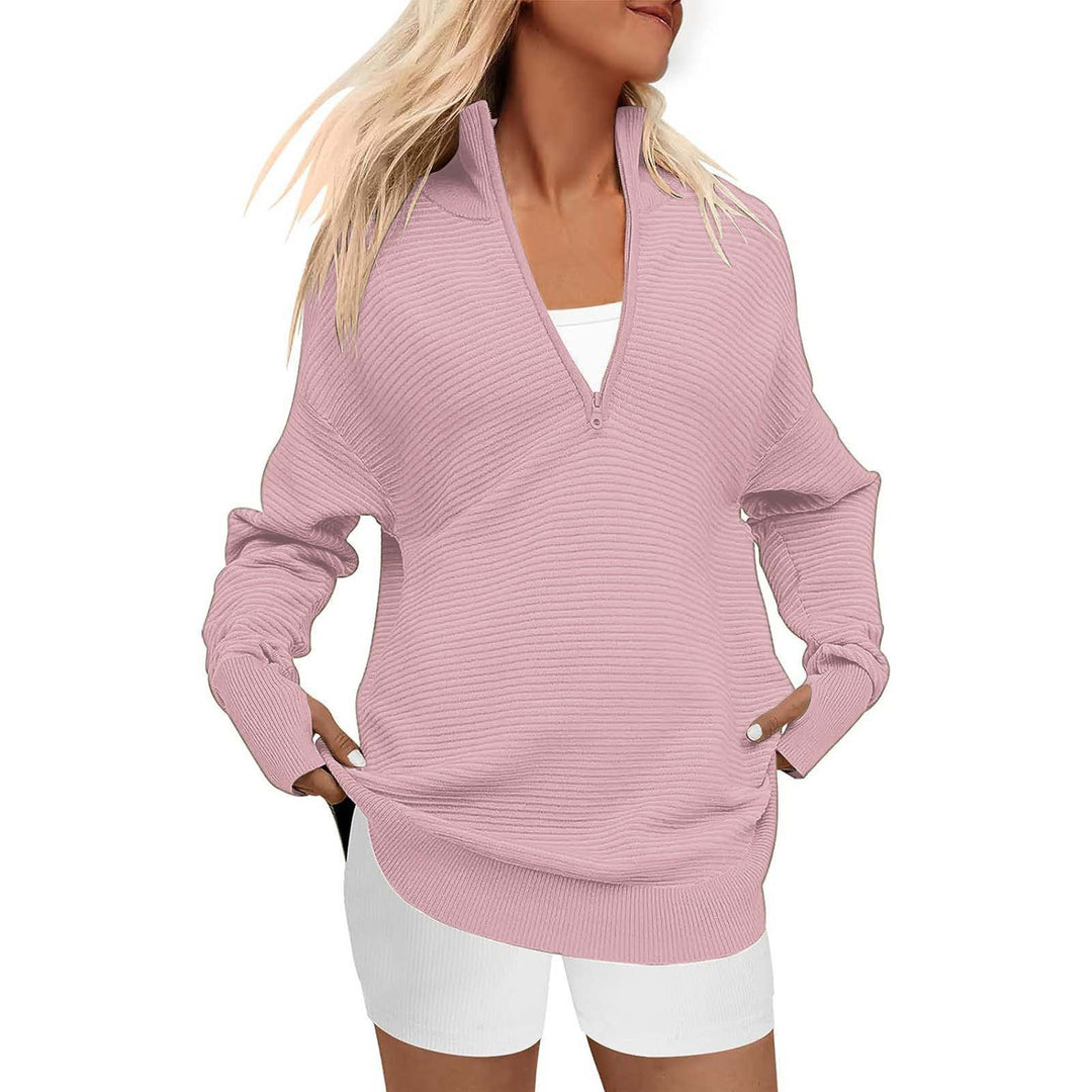 Ladies Oversized Fine Knit Sweater with Half Zipper, Stand Collar and Thumb Hole Sleeves Mune Fashion