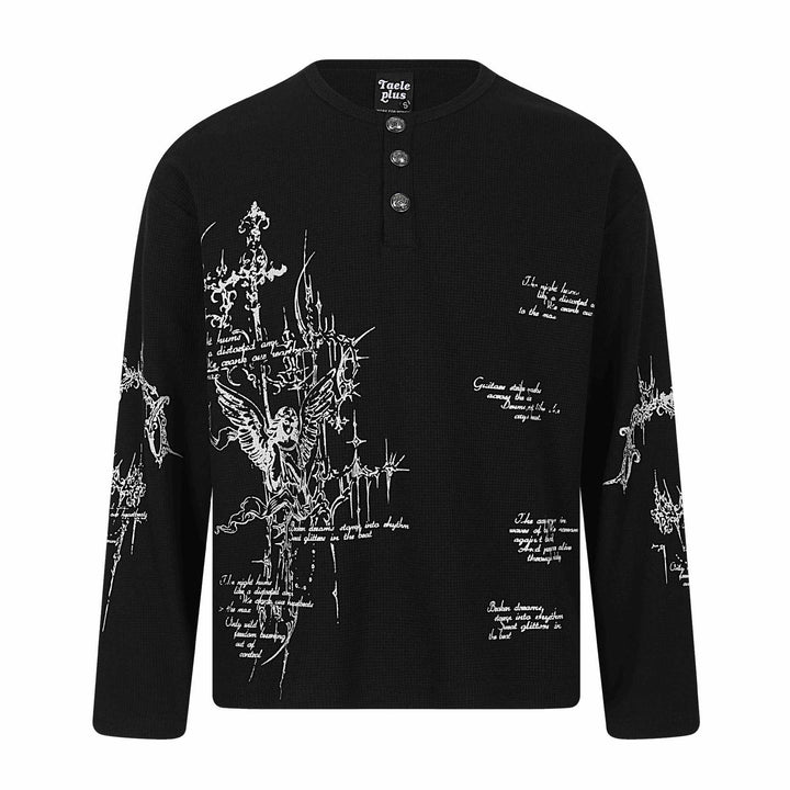 Unisex waffle knit Henley long sleeve shirt with 3-button placket and allover print Mune Fashion