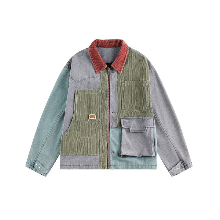 Unisex Boxy‑Patchwork‑Cord Jacket with Contrasting Collar and Multifunction Pockets Mune Fashion